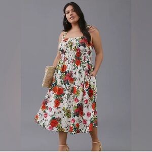 Anthropologie Floral Midi Dress - Red, Green, White